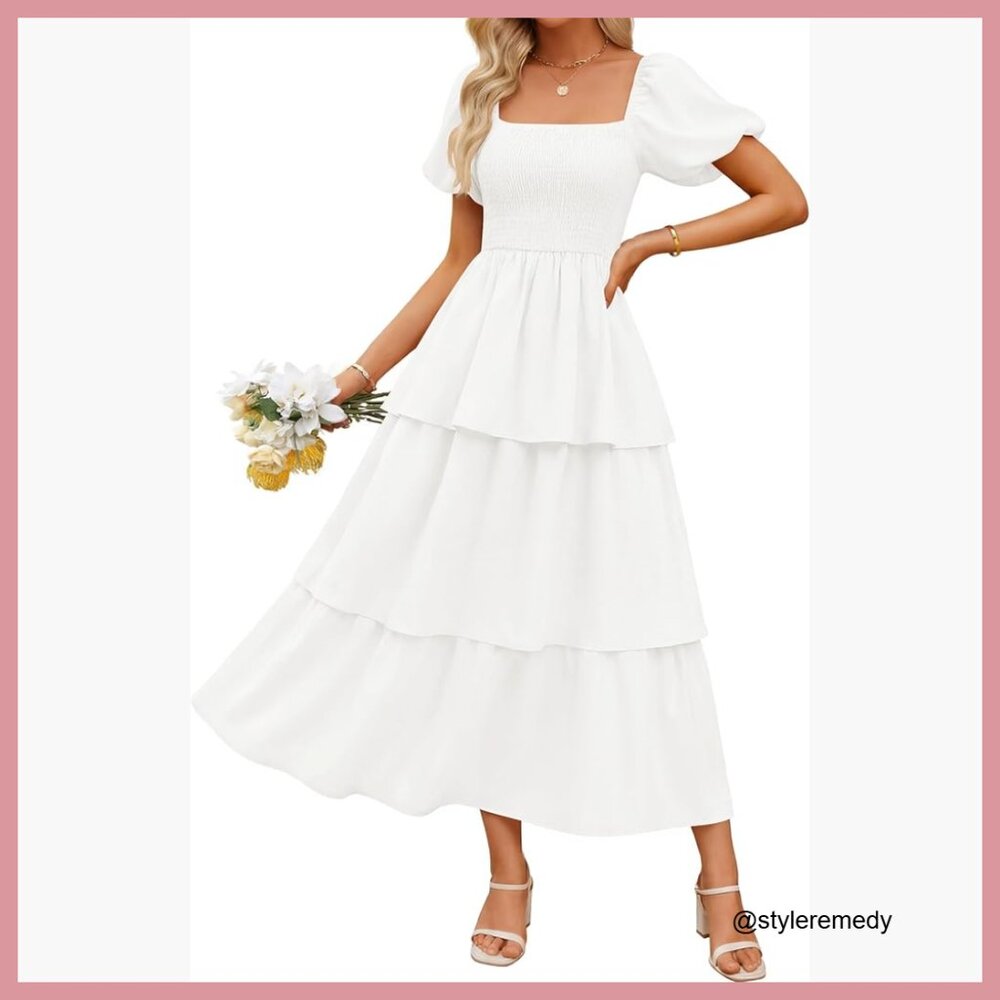 Smocked Midi Dress Puff Sleeve Flowy Tiered Boho Beach Vacation